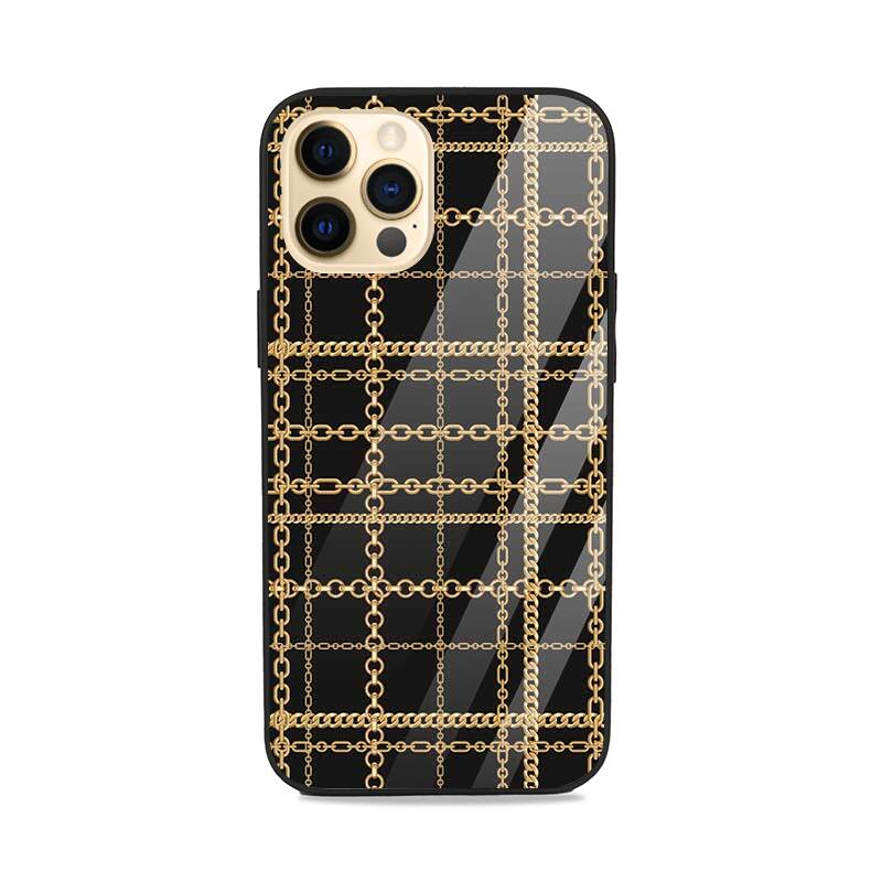 Luxury Black & Gold Chain Grid iPhone Case – Slim Shockproof Designer Cover