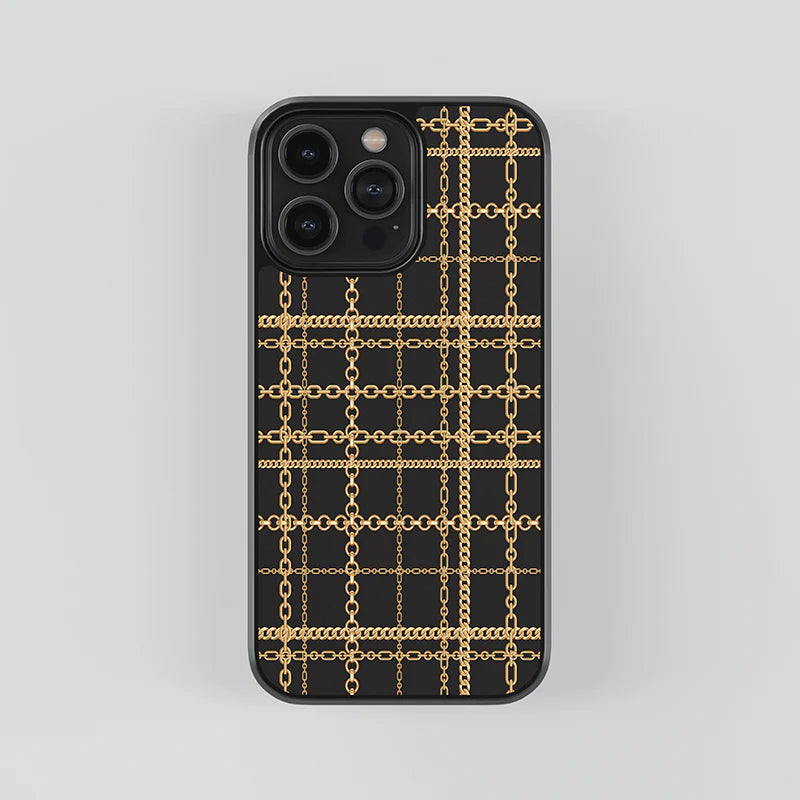 Luxury Black & Gold Chain Grid iPhone Case – Slim Shockproof Designer Cover