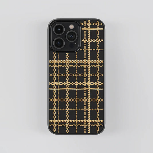 Luxury Black & Gold Chain Grid iPhone Case – Slim Shockproof Designer Cover
