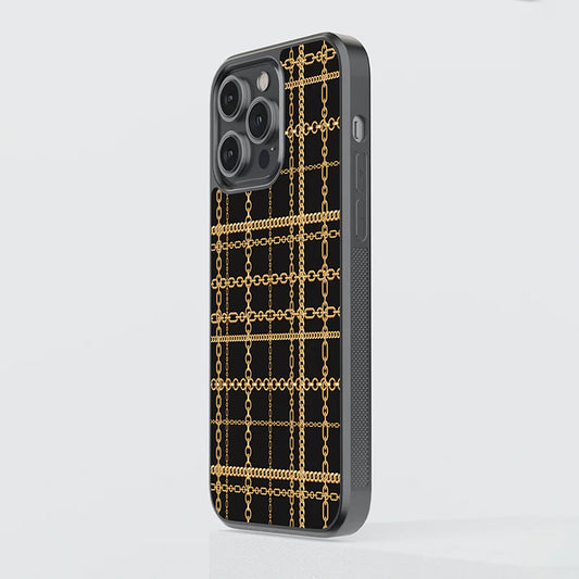 Luxury Black & Gold Chain Grid iPhone Case – Slim Shockproof Designer Cover