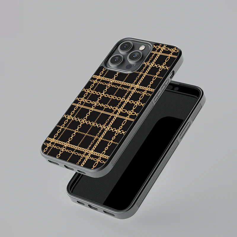 Luxury Black & Gold Chain Grid iPhone Case – Slim Shockproof Designer Cover