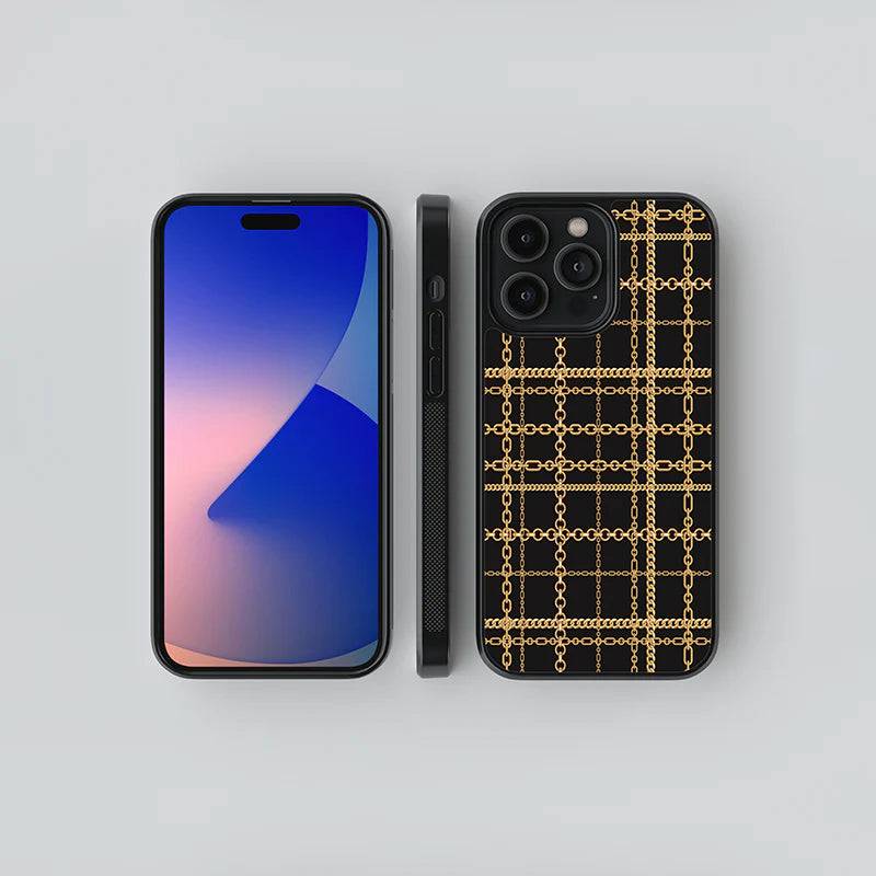 Luxury Black & Gold Chain Grid iPhone Case – Slim Shockproof Designer Cover